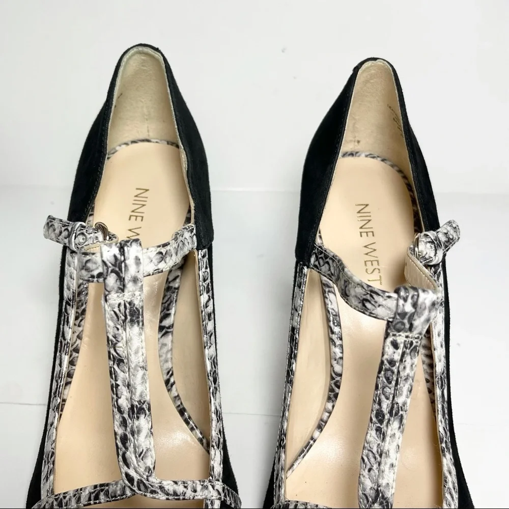 Nine West Jantine Women's T-Strap Pumps Pointed Toe Black Suede‎ Size 7.5 M
